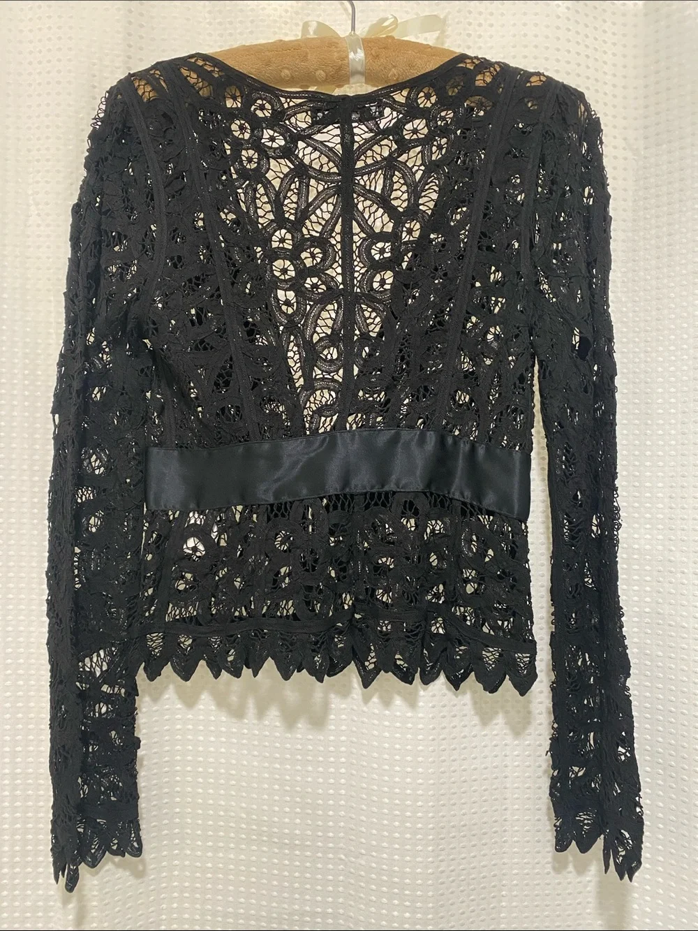 Vintage Betsey Johnson New York Black Lace Long Sleeve Bow-Waist Top - Picture 8 of 15
